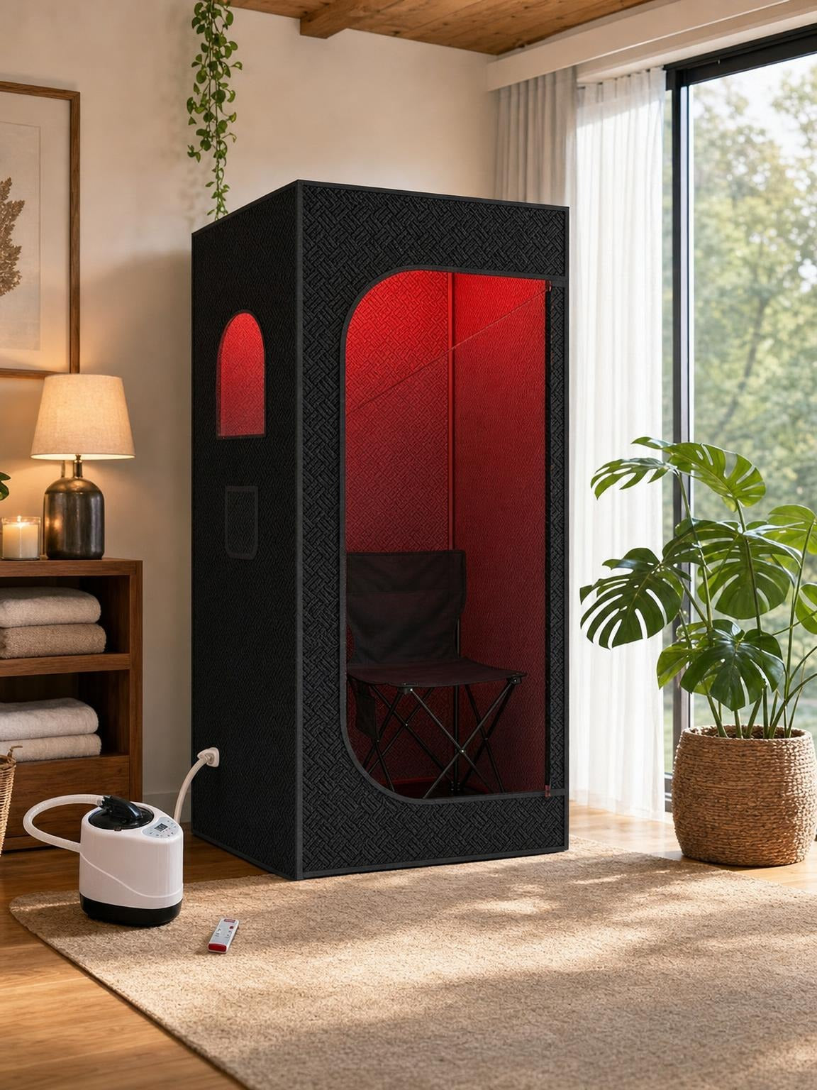 setup sequence visual for A removable frame simplifies space planning featuring Portable Home Sauna
