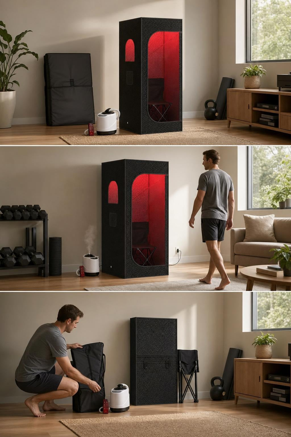 setup sequence visual for Infrared Sauna Chair Supports Flexible Placement and Storage featuring Infrared Sauna Chair Built for Home Spa Sessions, 9-Level Heating, Foldable Design, Remote Control, Indoor/Outdoor