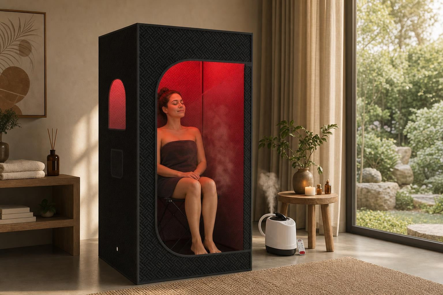hero outcome motion visual for Five Reasons to Consider the Infrared Sauna Chair featuring Infrared Sauna Chair Built for Home Spa Sessions, 9-Level Heating, Foldable Design, Remote Control, Indoor/Outdoor