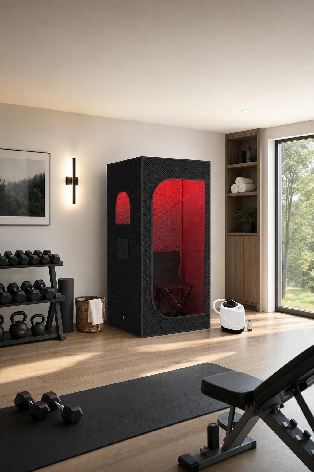 setup sequence visual for A Removable Frame Simplifies Placement and Storage featuring Infrared Sauna Chair Built for Home Spa Sessions, 9-Level Heating, Foldable Design, Remote Control, Indoor/Outdoor